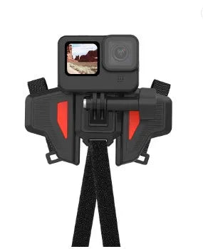 Black motorcycle helmet chin strap mount for GoPro and sports cameras with adjustable bracket