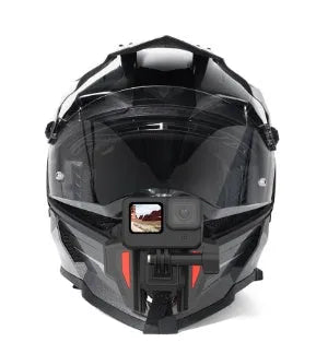 Black motorcycle helmet chin strap mount for GoPro and sports cameras with adjustable bracket