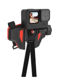 Black motorcycle helmet chin strap mount for GoPro and sports cameras with adjustable bracket