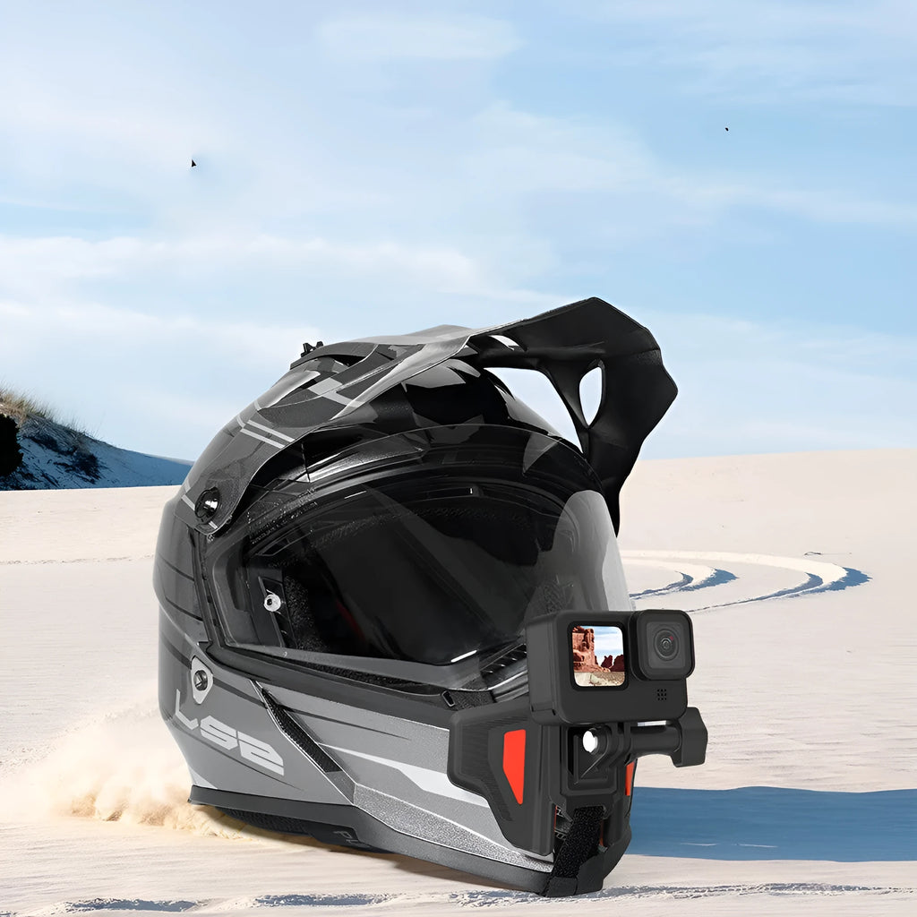 Black motorcycle helmet chin strap mount for GoPro and sports cameras with adjustable bracket