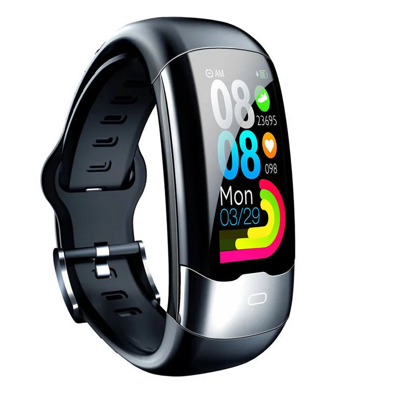 Smart fitness bracelet with heart rate monitor, waterproof to 30 metres in black, blue and red colours