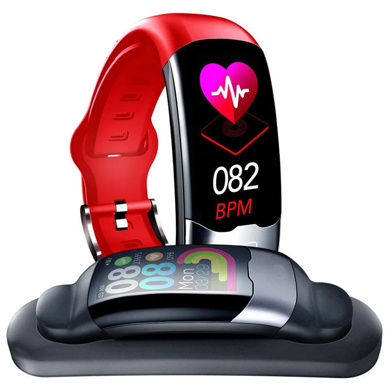 Smart fitness bracelet with heart rate monitor, waterproof to 30 metres in black, blue and red colours
