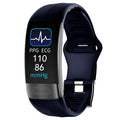 Black smart health bracelet with ECG and blood pressure monitoring on a wrist, showing a 0.96-inch display.