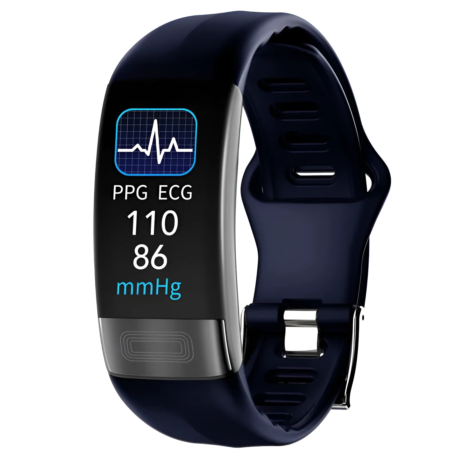 Black smart health bracelet with ECG and blood pressure monitoring on a wrist, showing a 0.96-inch display.