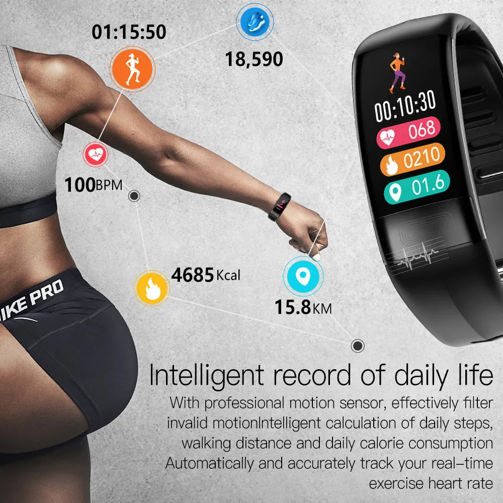 Black smart health bracelet with ECG and blood pressure monitoring on a wrist, showing a 0.96-inch display.