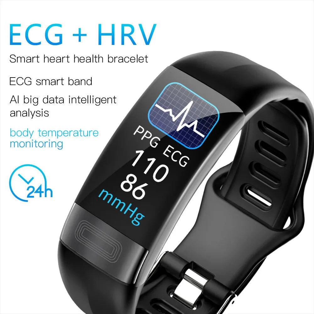 Black smart health bracelet with ECG and blood pressure monitoring on a wrist, showing a 0.96-inch display.