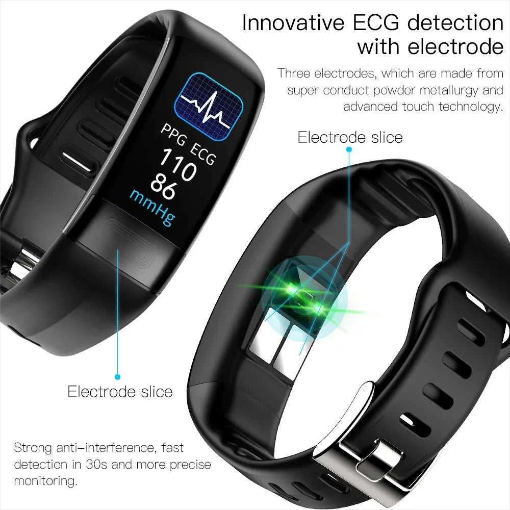 Black smart health bracelet with ECG and blood pressure monitoring on a wrist, showing a 0.96-inch display.