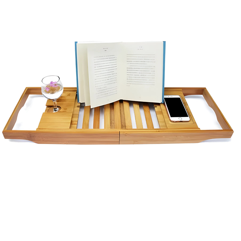 Bamboo bathtub frame with one shelf for bathroom storage, designed for desktop installation.