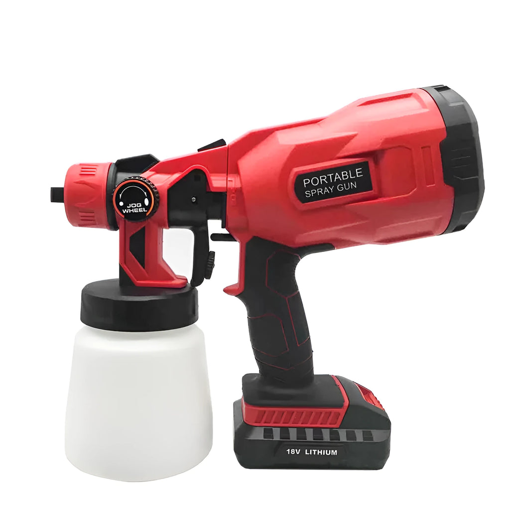 Blue cordless automatic paint spray gun with a large water can, showing its nozzle and battery compartment.