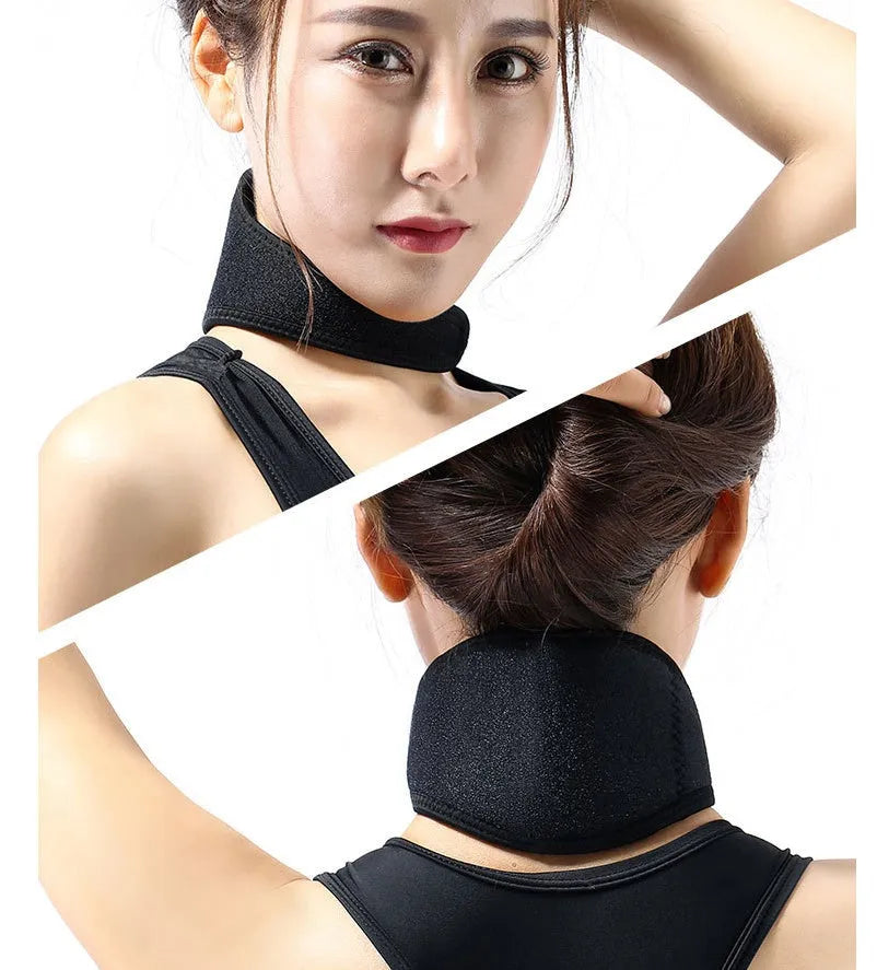 Black self-heating magnetic neck guard with adjustable shoulder strap.