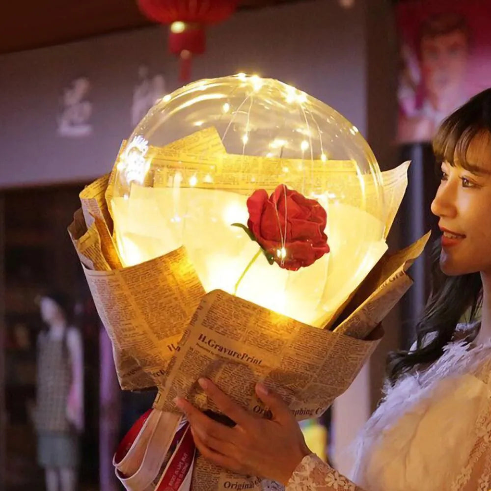 DIY LED luminous transparent balloon and artificial rose bouquet kit for party decoration.