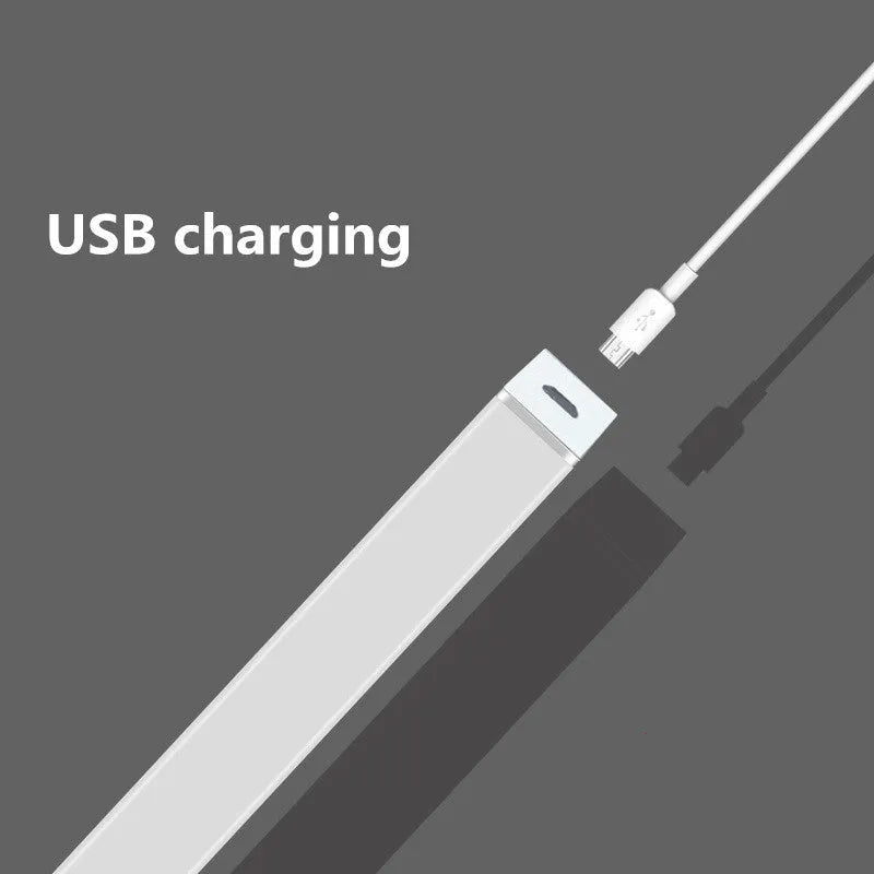 Silver aluminium USB rechargeable LED strip light with magnetic back for wardrobes.