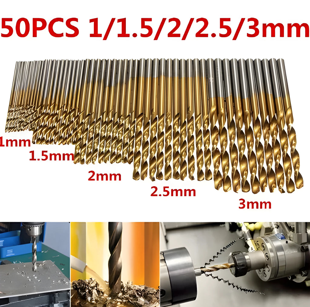 Set of 50 titanium-coated high-speed steel twist drill bits for power tools.