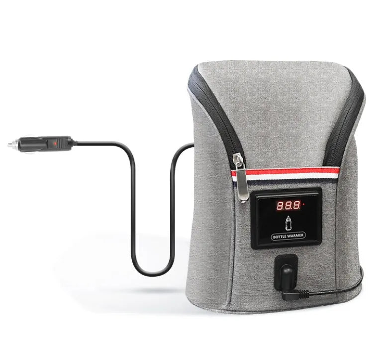 Grey Oxford cloth portable car USB baby bottle warmer showing dual-bottle capacity and electronic temperature display