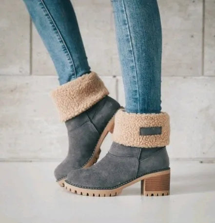 Women's suede mid-calf snow boots with a thick heel and round toe in five colour options.