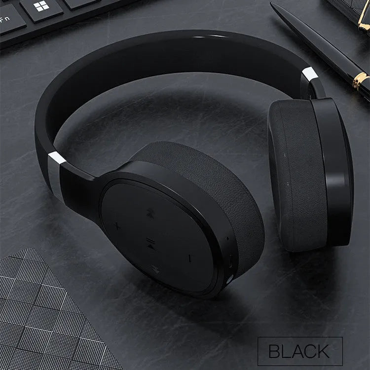 Wireless Bluetooth headset in black, blue, grey, or white with over-ear 40mm speakers.