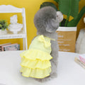 Small dog wearing polyester princess dress with layered skirt in candy colours