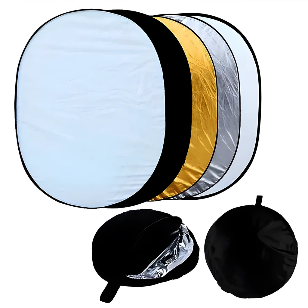 Collapsible 60x90cm photography reflector with five surfaces including gold, silver, white, black and translucent