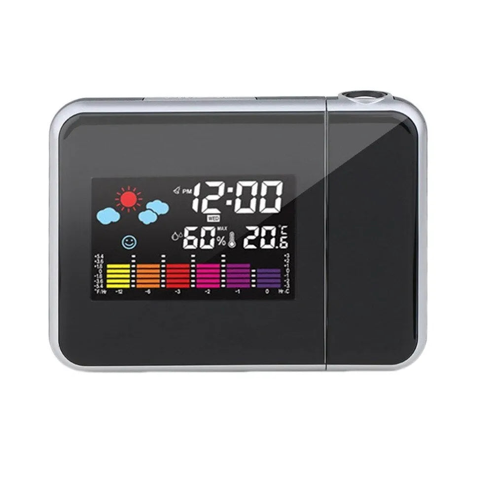 Black digital projection alarm clock with multicolour LED display on a bedside table.