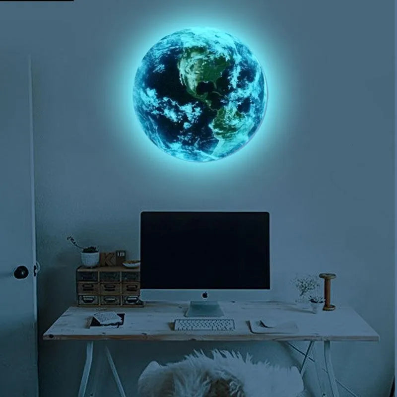 Glow in the dark 3D planet Earth wall sticker in 30cm diameter on a dark blue wall.