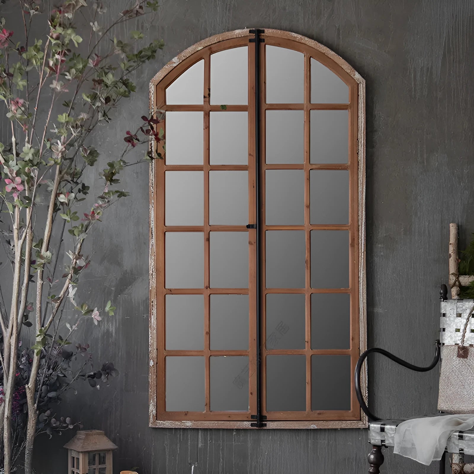 Distressed log colour wooden fake window style wall mirror with rustic frame.