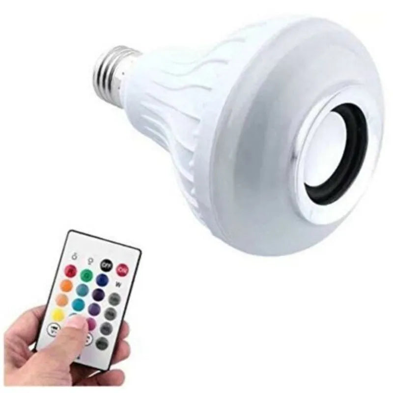 White Bluetooth speaker LED light bulb with E27 screw base and remote control.
