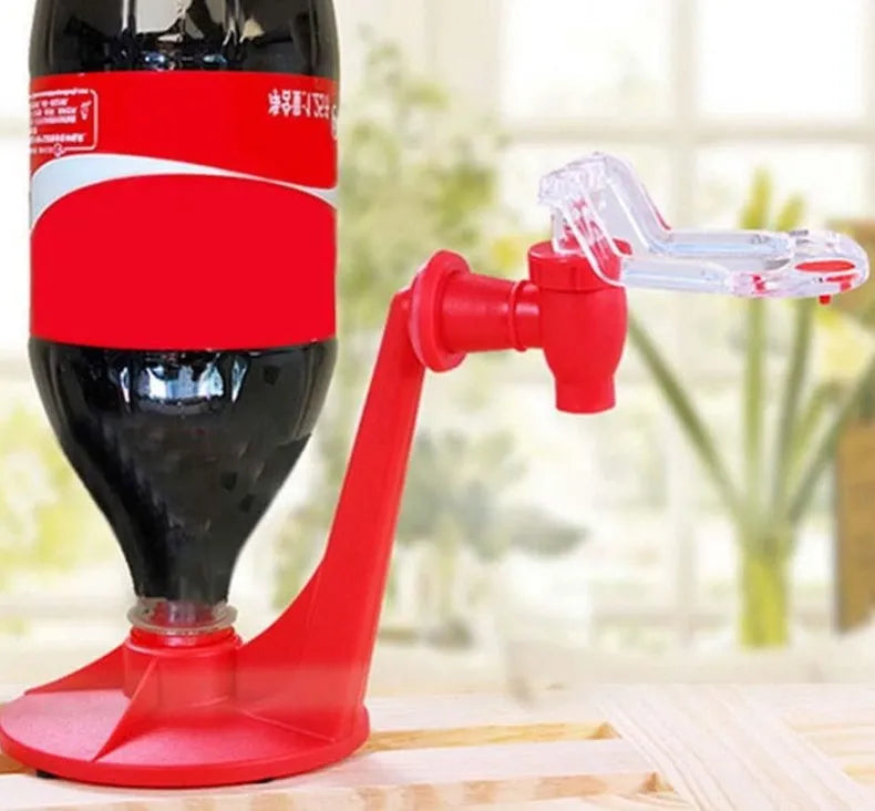 Red Magic Tap soda bottle dispenser with push button, 15cm tall