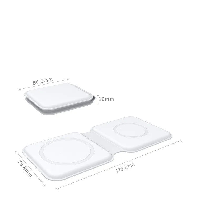 White folding magnetic wireless charging dock showing dual charging surfaces and 180-degree hinge