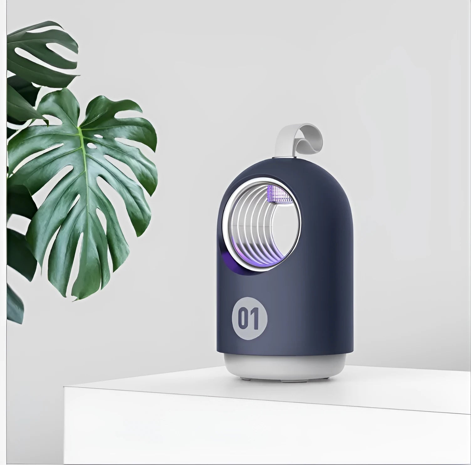 Blue or white indoor mosquito killer lamp with UV light, USB port, and silicone carry handle.