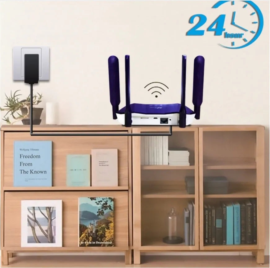 Blue 4G wireless and wired dual-mode router with four external antennas