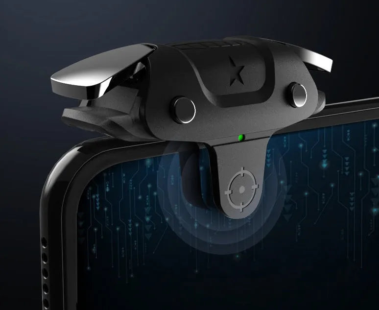 Black F5 mobile phone game controller showing joystick and buttons.