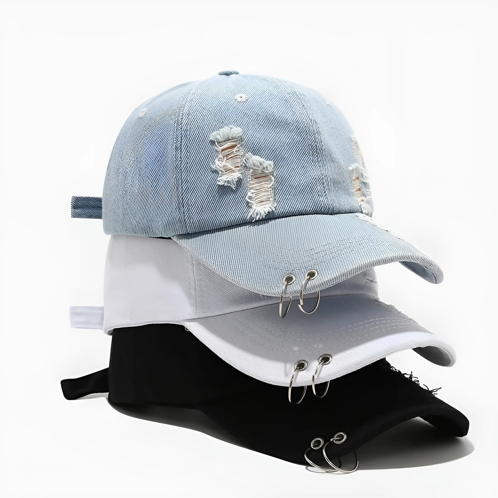 Men's adjustable cotton denim baseball cap in black on a plain background.