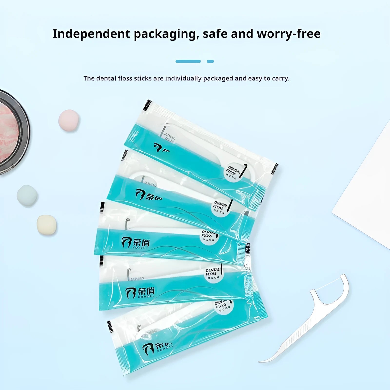 Independent packaging dental floss in portable bag with 100 or 108 strand options
