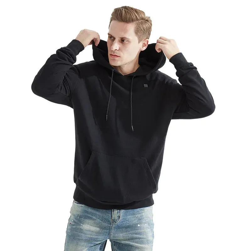 Black USB heated fleece jacket for men and women with three heat levels and carbon fibre elements on a white background