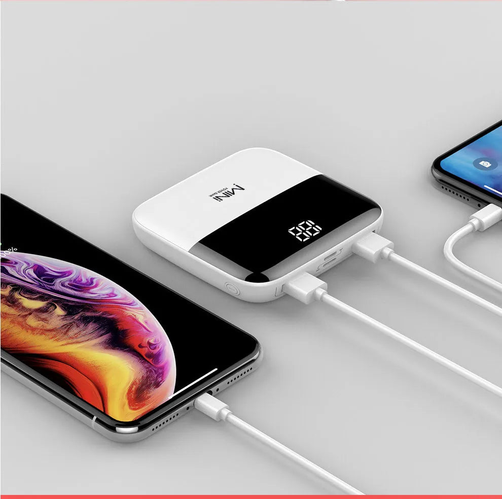 Black Android 10000mAh portable power bank with digital display showing battery percentage and dual USB ports.