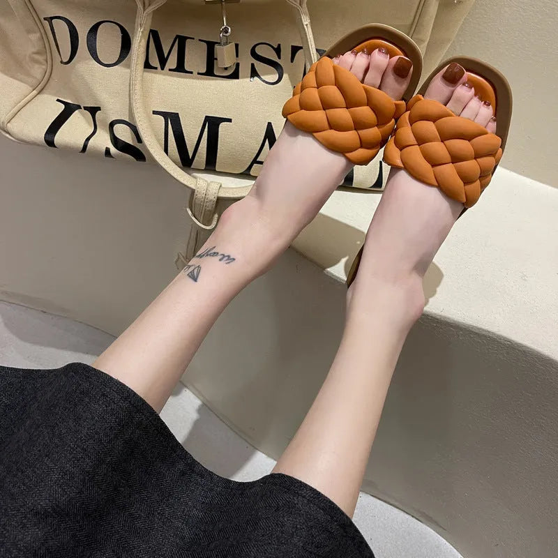 Women's plaid pattern sandals with thick PVC anti-skid sole in white, shown from the side.