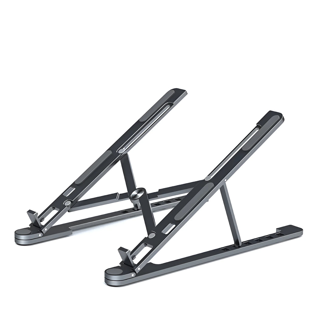 Foldable aluminium laptop stand in silver colour, shown in open and closed positions next to a laptop.