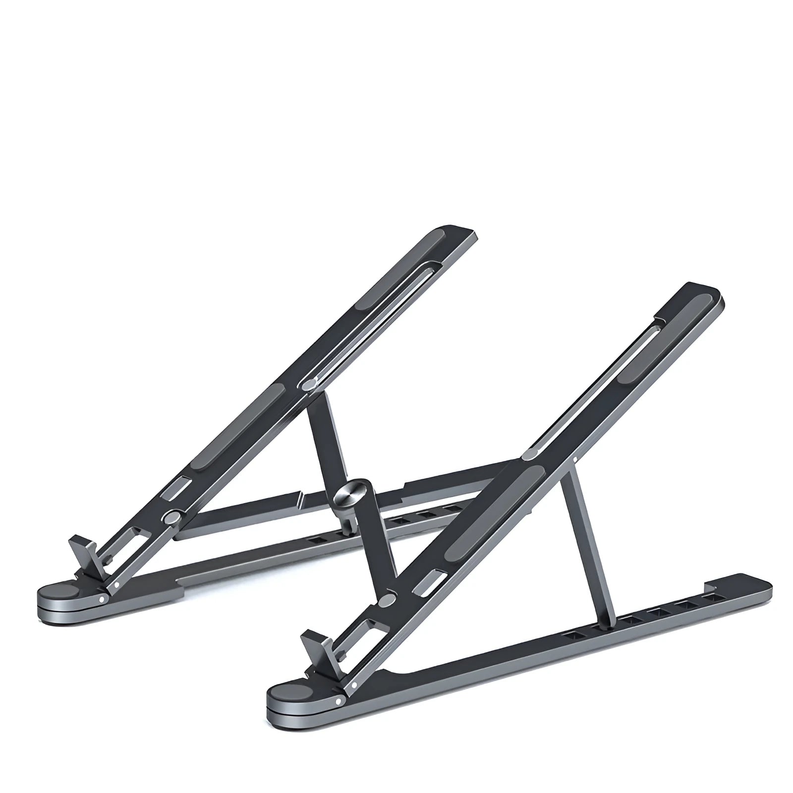 Foldable aluminium laptop stand in silver colour, shown in open and closed positions next to a laptop.