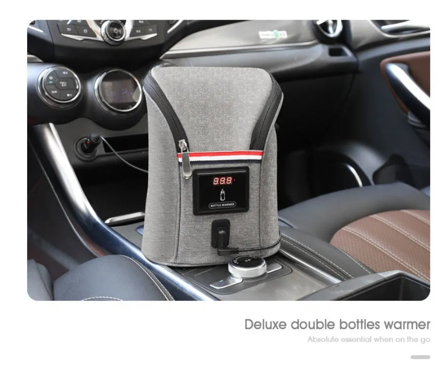 Grey Oxford cloth portable car USB baby bottle warmer showing dual-bottle capacity and electronic temperature display