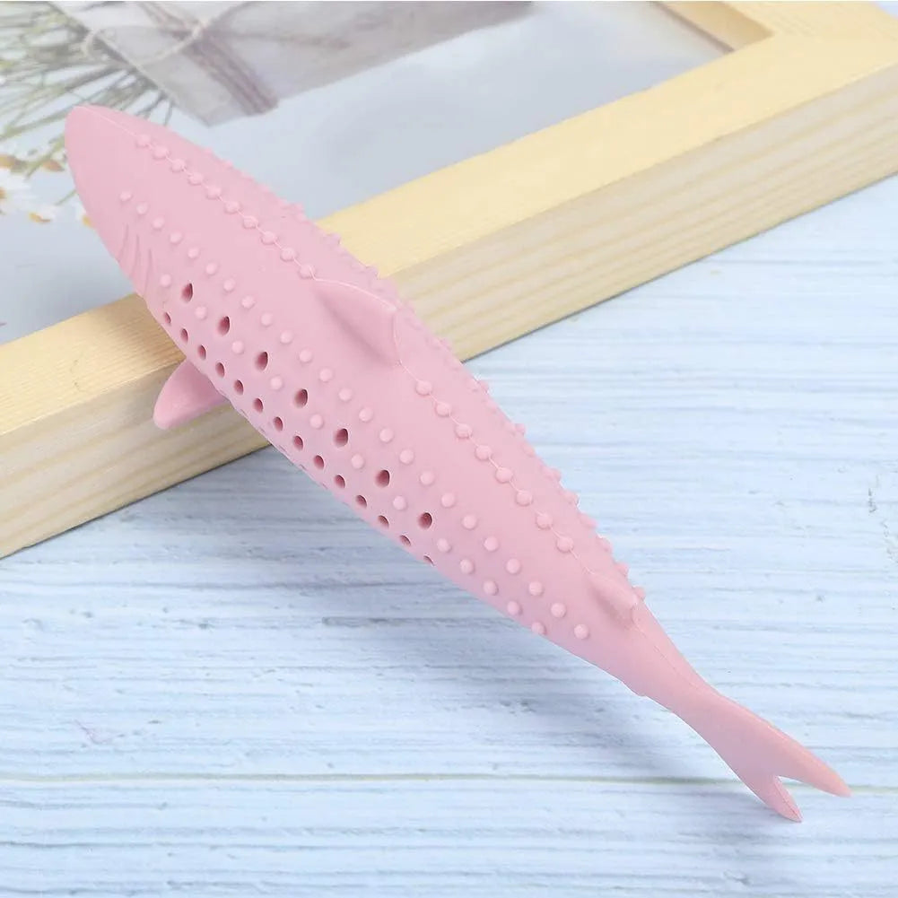 Green silicone fish-shaped chew toy for cats with side holes for catnip scent