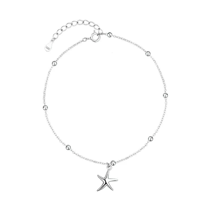 S925 sterling silver women's anklet with starfish charm and round beads design