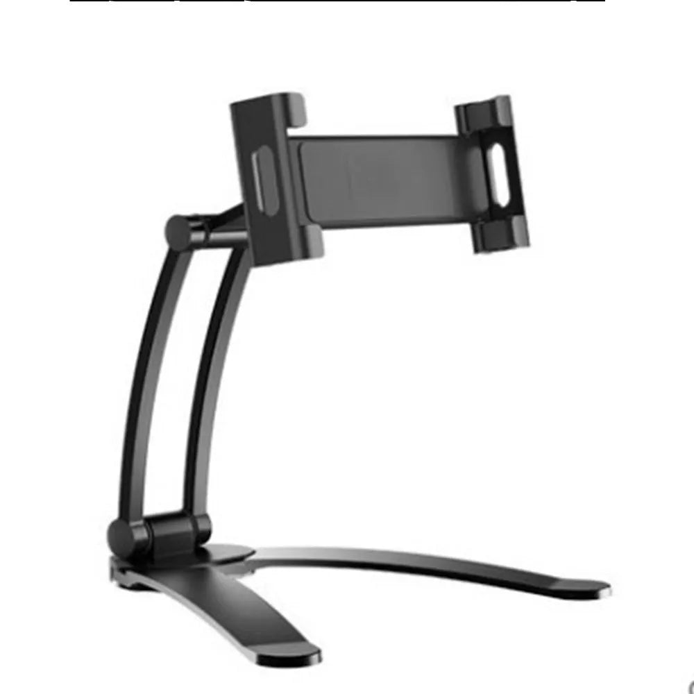 Silver aluminum alloy adjustable tablet stand holding a tablet with 360-degree rotation capability