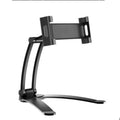 Silver aluminum alloy adjustable tablet stand holding a tablet with 360-degree rotation capability