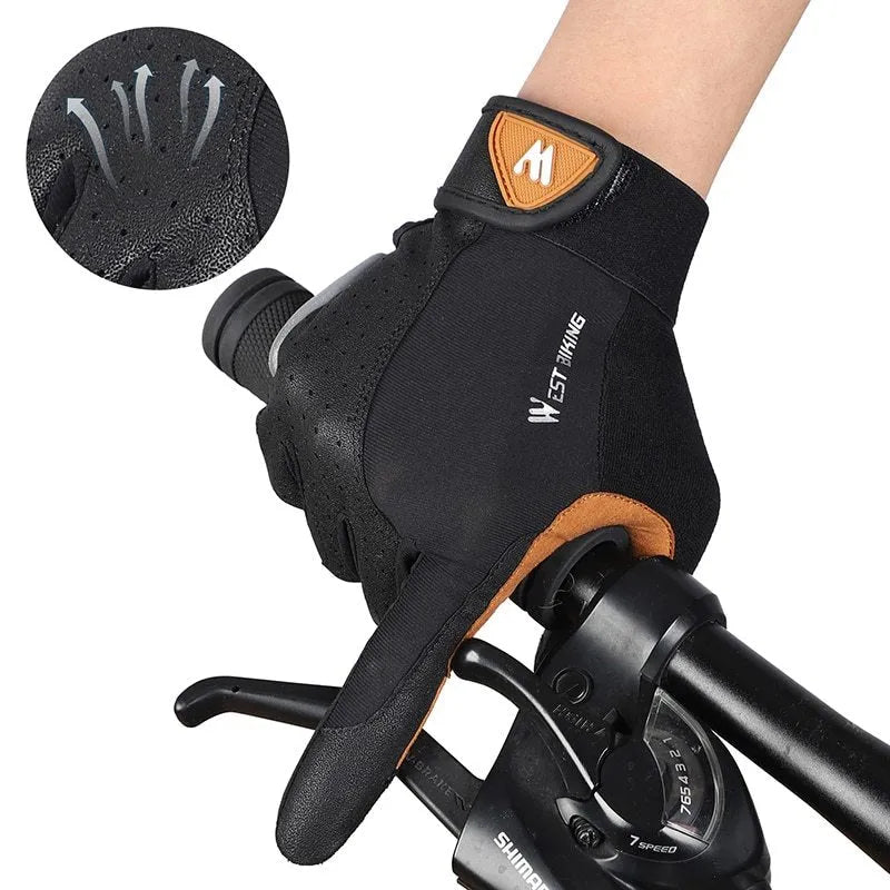 Black yellow motorcycle bike gloves on display showing breathable fabric and adjustable wrist strap