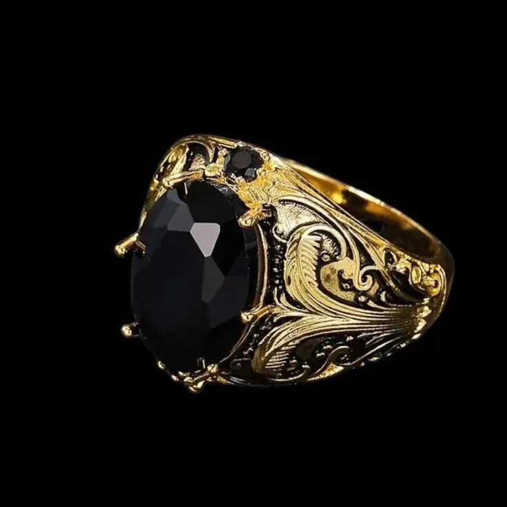 Silver men's wide face ring with geometric pattern and blue imitation gemstone detail.