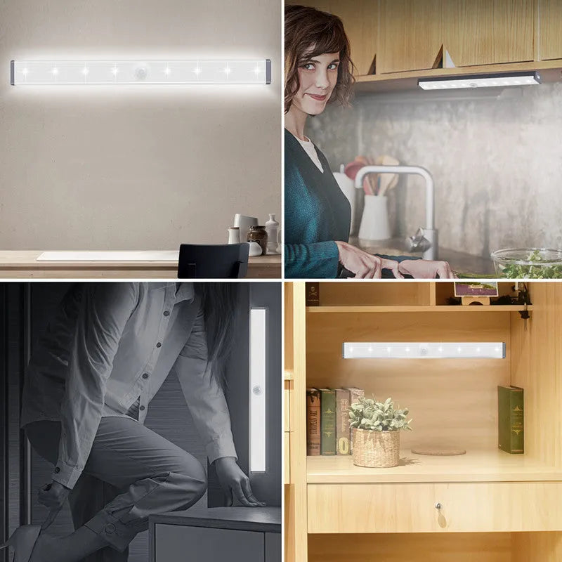 Silver aluminium USB rechargeable LED strip light with magnetic back for wardrobes.
