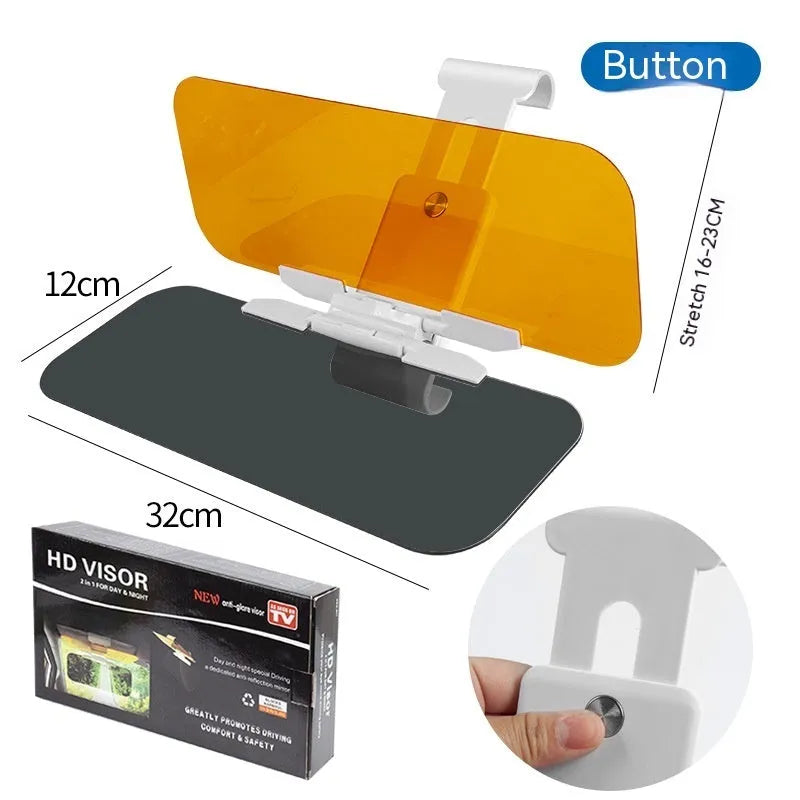 Telescopic anti-glare car sun visor with acrylic lens shown mounted in a vehicle.