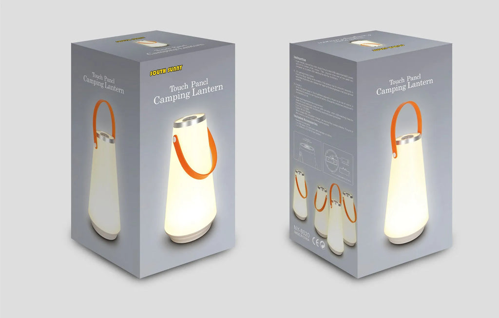 White rechargeable LED bedside lamp with adjustable brightness on a table.