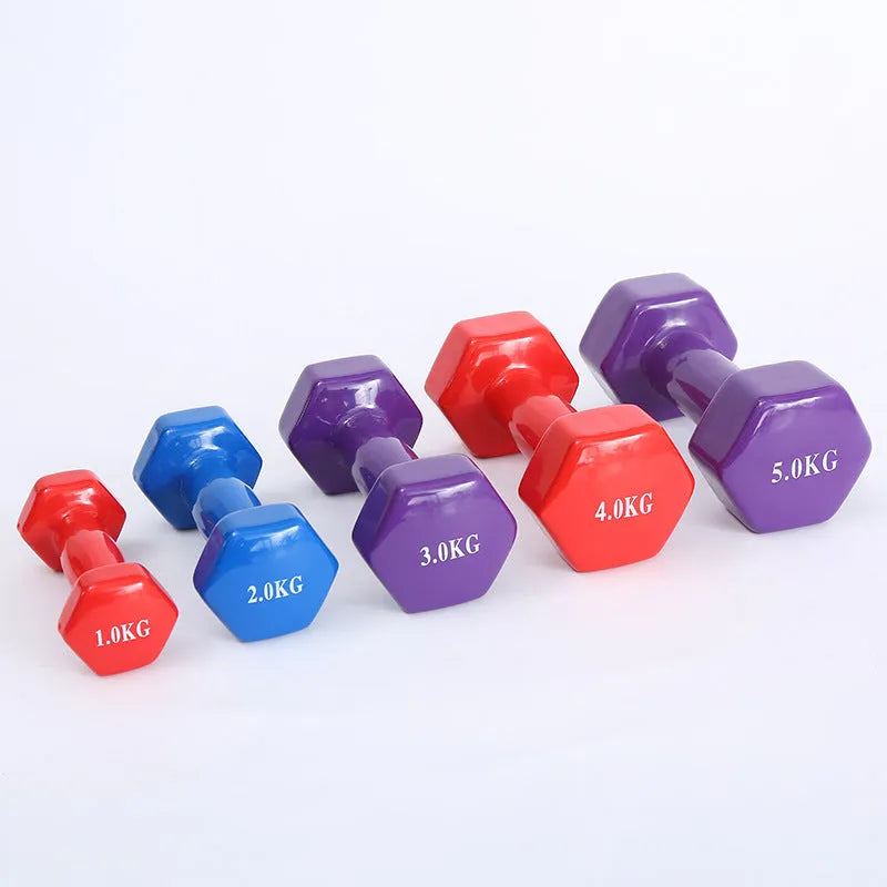 Bright colour plastic fitness dumbbells with gloss finish in 0.5KG, 1KG and 1.5KG weight options