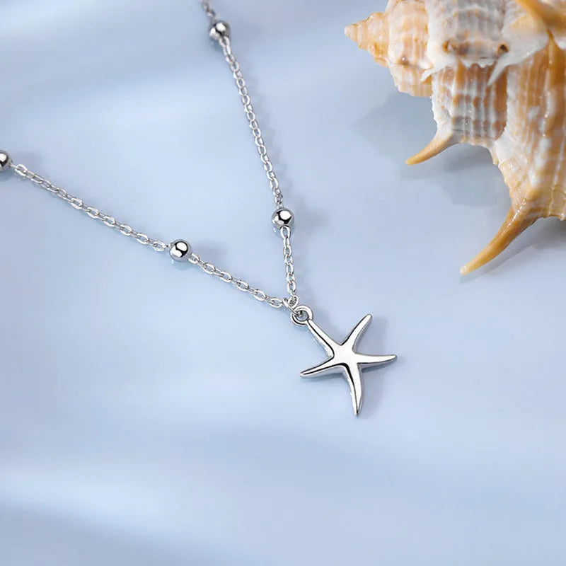 S925 sterling silver women's anklet with starfish charm and round beads design